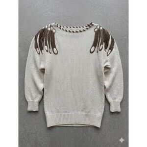 Nannell Vintage Leather Shoulder Knit Beige Sweater - Large
